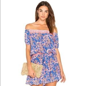 TIARE HAWAII Wonderland mini dress blue pink floral print cap sleeve cover up OS